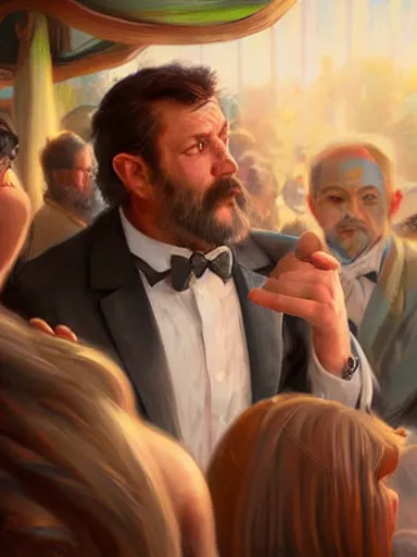 Image similar to a handsome humble middle aged man talking in a party. intricate, elegant, highly detailed, digital painting, artstation, concept art, sharp focus, illustration, by justin gerard and artgerm, 8 k