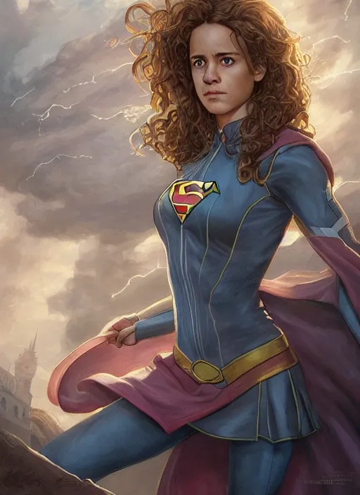 Prompt: Hermione Granger as Super Girl, taking a rest in futuristic bedroom, a ruggedly muscled handsome heroine, intricate, elegant, highly detailed, centered, digital painting, artstation, concept art, smooth, sharp focus, illustration, artgerm, donato giancola, Joseph Christian Leyendecker, WLOP, Artgerm, thunder storm