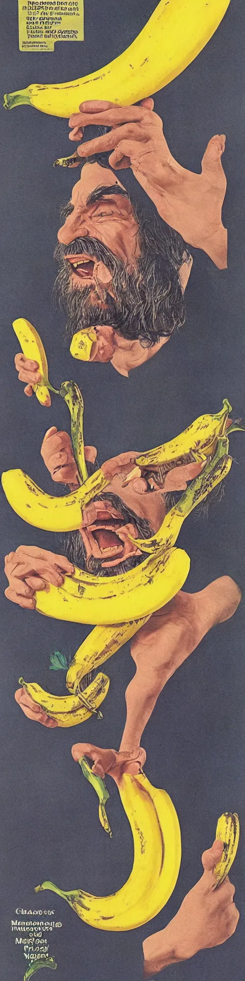 Image similar to vintage magazine advertisement depicting charles manson slipping on a banana peel, by alex grey