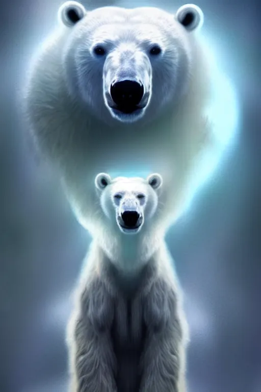 Image similar to a polar bear standing in front of a mirror, digital art by charlie bowater, featured on cgsociety, digital art, ethereal, wiccan, mystical