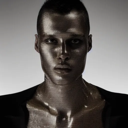 Prompt: a portrait of a beautiful young male wearing an alexander mcqueen bodysuit made of titanium , photographed by andrew thomas huang, artistic