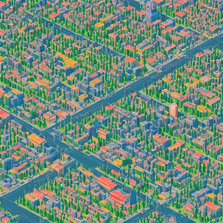 Image similar to isometric view illustration of Moscow suburbs, highly detailed, by James Gilleard and Bruce Pennington