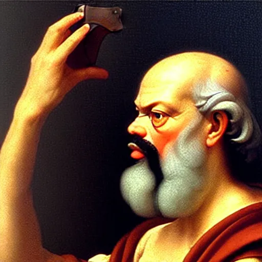 Prompt: socrates wearing a virtual reality headset, renaissance painting