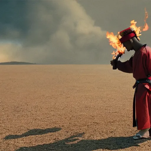 Image similar to cinematic film still Pharrell Williams starring as a Samurai holding fire, Japanese CGI, VFX, 2003, 40mm lens, shallow depth of field,film photography