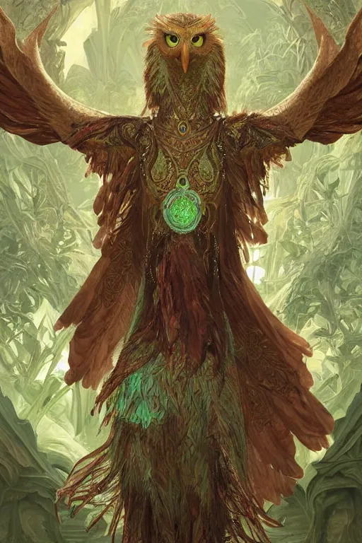 Image similar to a beautiful upper body shot from a fantasy film of a humanoid iridescent green owlbear wearing a loose tunic. an anthropomorphic phoenix. fantasy, frown, intricate, elegant, highly detailed, digital painting, artstation, concept art, matte, sharp focus, illustration, art by artgerm and greg rutkowski and alphonse mucha