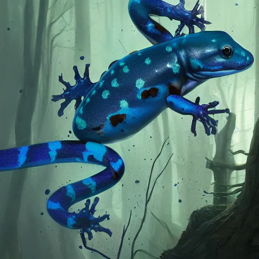 Prompt: artwork of a blue spotted salamander, by greg rutkowski, matte painting, trending on artstation, dark fantasy, super detailed, 8 k hd, volumetric light, dramatic light