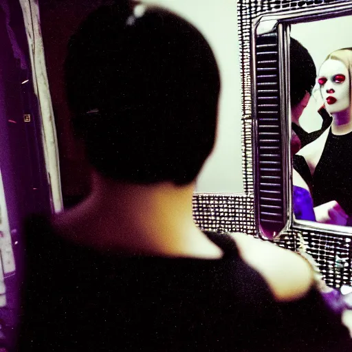 Prompt: cinestill 5 0 d candid photographic portrait by stanley kubrick of a feminine man wearing black techwear and glitter goth makeup looking in a shattered glass bathroom mirror, cramped new york apartment, medium shot, retrofuturism cyberpunk cinematic, 8 k, hd, high resolution, 3 5 mm, f / 3 2, ultra realistic faces, intricate detail