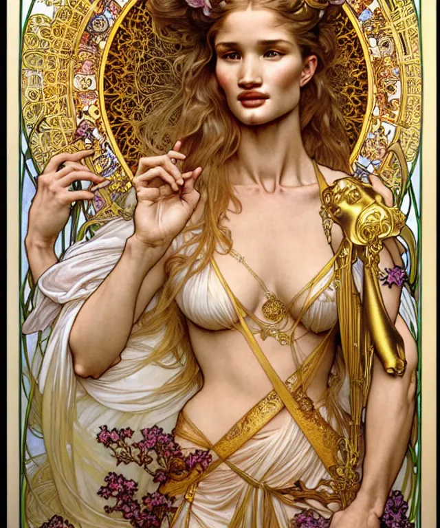Prompt: realistic detailed face portrait of rosie huntington - whiteley as goddess of orhids wearing a golden outfit by alphonse mucha, ayami kojima, amano, greg hildebrandt, and mark brooks, male, art nouveau, neo - gothic, gothic