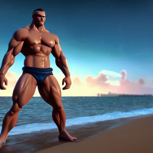Prompt: Muscular Handsome Anime man on the beach in his boxers, cinematic lightning, medium shot, mid-shot, highly detailed, trending on artstation, Unreal Engine 4k,