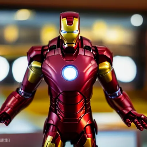 Image similar to Iron Man working as a 7/11 cashier, macro, wide wide shot, very detailed, beautiful lighting