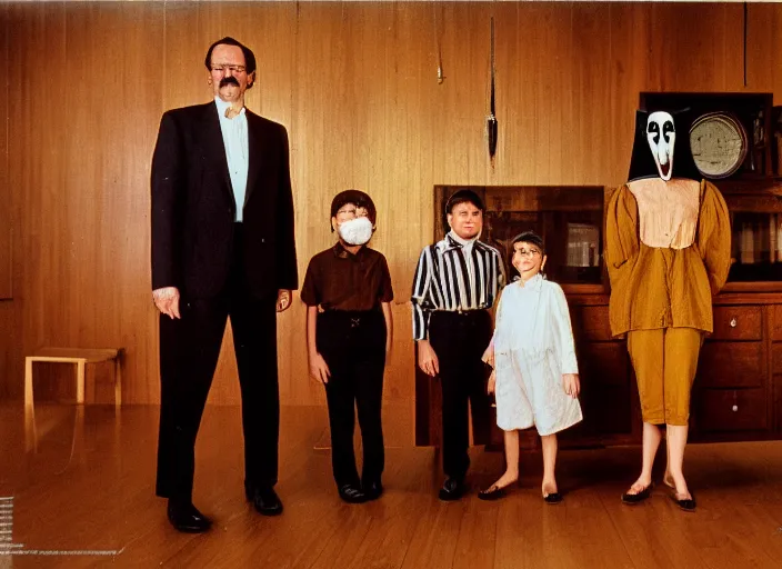 Image similar to realistic photo portrait of the family, brown mustard shirt, black tie, crow mask face, wooden polished and fancy expensive wooden laboratory hall interior with museum artifacts 1 9 9 0, life magazine reportage photo
