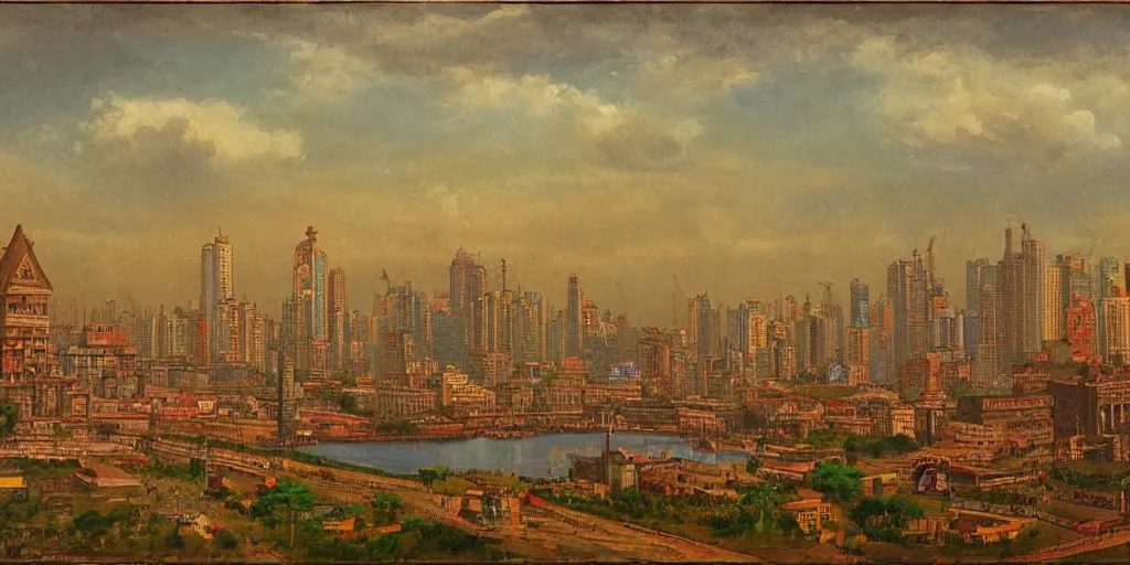 Image similar to mumbai skyline in the style of raja ravi varma with victoria terminus in the background, high detail, realism