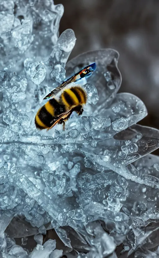 Image similar to a bee finding a beautiful flower, under a layer of ice, beautiful macro photography, ambient light