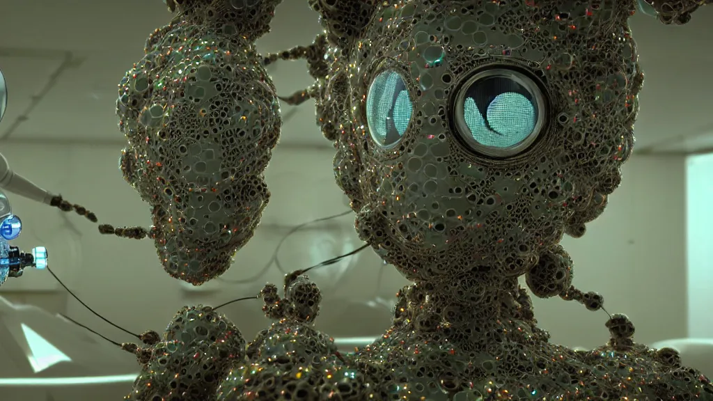 Image similar to a cybernetic symbiosis of a single astronaut mech-organic eva suit made of pearlescent wearing knitted shiny ceramic multi colored yarn thread infected with diamond 3d fractal lace iridescent bubble 3d skin dotted covered with orb stalks of insectoid compound eye camera lenses floats through the living room, film still from the movie directed by Denis Villeneuve with art direction by Salvador Dalí, wide lens,kevlar,carbon fiber,ceramics,gaseous materials,