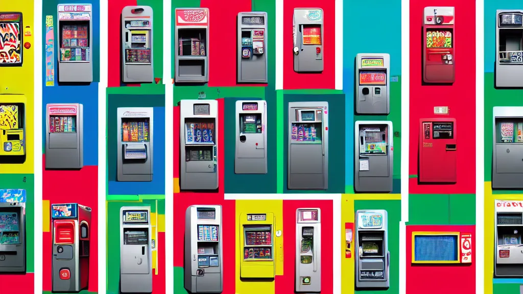 Image similar to a flashy row of vending machines, japan, a collage painting, in the style of wes anderson, lola dupre, david hockney, isolated on negative white space background dark monochrome neon spraypaint accents volumetric octane render