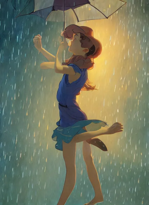 Image similar to well - lit art nouveau portrait of a 1 3 - year old girl dancing in the rain, natural lighting, path traced, highly detailed, high quality, cartoon, digital painting, by don bluth and ross tran and studio ghibli