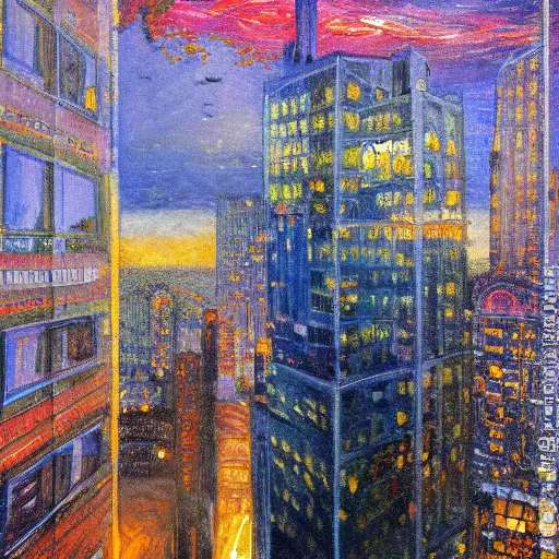 Image similar to impressionistic full - color painting of a distorted mirror reflecting a nightmarish aerial view of boston downtown skyline in 1 9 2 5 at night with a horrifying sky, aerial view, dark, brooding, night, atmospheric, horror, cosmic, ultra - realistic, smooth, highly detailed by dave dorman