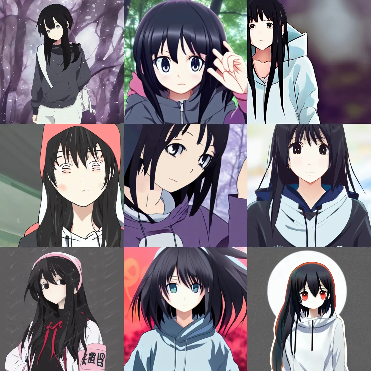 Prompt: black haired girl wearing hoodie, anime visual from konachan