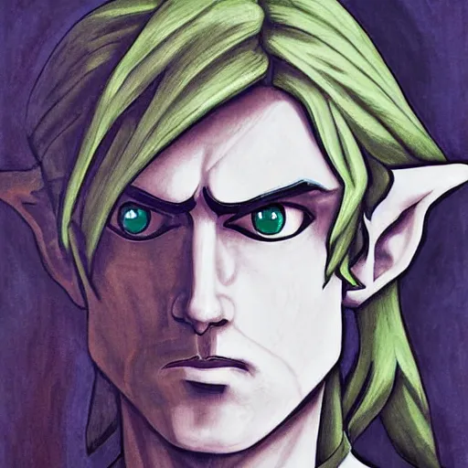 Image similar to a baroque portrait of link from the legend of zelda, dark background, art by irina french