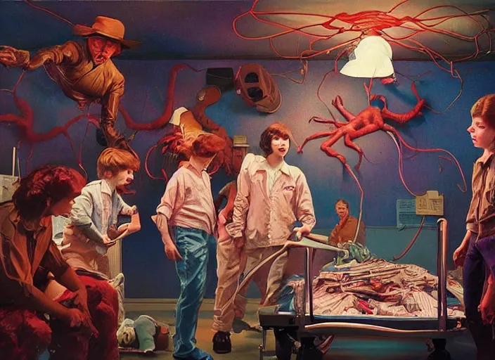 Prompt: a still from the tv series steanger things by francis bacon, surreal, norman rockwell and james jean, greg hildebrandt, and mark brooks, triadic color scheme, by greg rutkowski, in the style of francis bacon and syd mead and edward hopper and norman rockwell and beksinski, dark surrealism, open ceiling