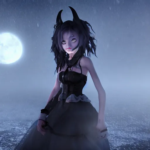 Image similar to full shot portrait of angry darkness Clara Morgane as a cute anime girl at moonlight, snowing, gothic wearing, inspired by Tim Burton, Amano, detailed, unreal engine 4k volumetric light, fog,