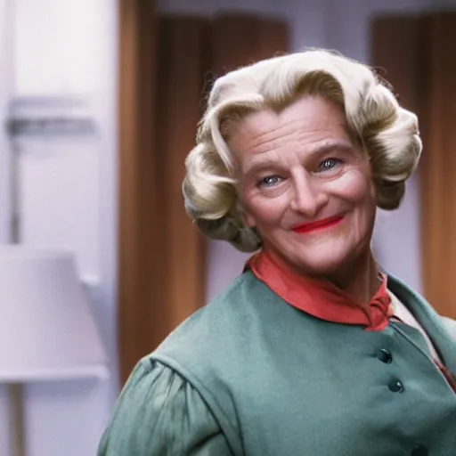 Prompt: A movie still of Captain Simcoe (Turn) as Mrs Doubtfire, dynamic lighting, smiling, 8k, 2022 picture of the year