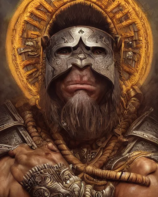 Prompt: digital painting of barbaric incan warrior, by filipe pagliuso and justin gerard, symmetric, fantasy, highly detailed, realistic, intricate, portrait, sharp focus, tarot card, face, handsome, peruvian