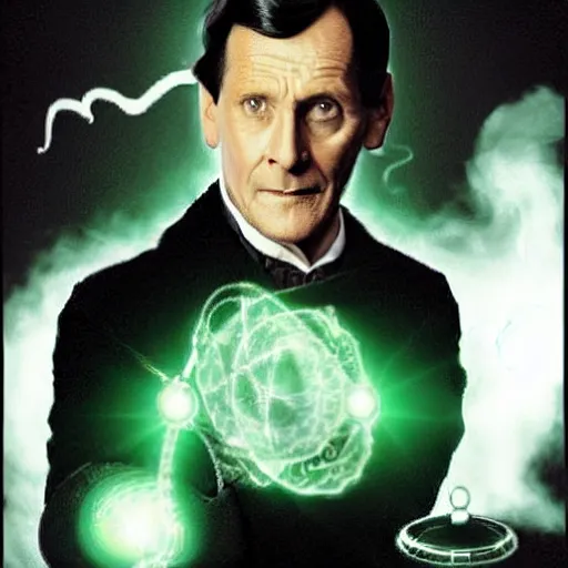 Image similar to Jeremy Brett as Sherlock Holmes as a powerful Warlock, with green energy emanating from his eyes.