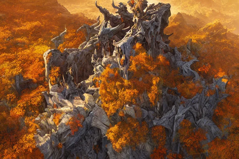 Image similar to high aerial shot, cinematic fantasy painting, dungeons and dragons, desert valley of bones with autumn maple bonsai, with sunset lighting ominous shadows by jessica rossier and brian froud