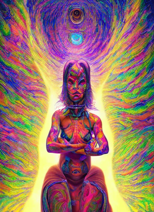 Image similar to portrait ultra dimensional cult girl shaman, accidentally tripping on dmt and acid, psychedelic experience, ascending through the fifth dimension moving at the speed of light and sitting still, ultra high definition, unreal engine 5, hyperrealism, masterpiece composition, by peter kemp, casey weldon, barclay shaw