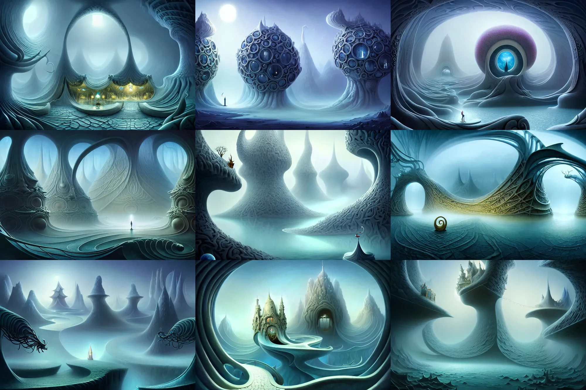 Prompt: an epic elite elegant mysterious masterpiece fantasy matte painting of an impossible path winding through arctic dream worlds with surreal architecture designed by heironymous bosch, structures inspired by heironymous bosch's garden of earthly delights, surreal ice interiors by cyril rolando and asher durand and natalie shau, insanely detailed, whimsical, intricate, sharp focus, insanely complex