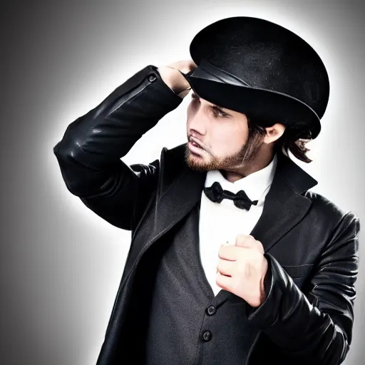 Image similar to a gentleman wearing a black leather hat, cinematic style, front view, cool looking