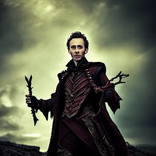 Prompt: portrait of a Tom hiddleston as a warlock ,Grim fantasy, D&D, HDR, natural light, shoulder level shot, dynamic pose, award winning photograph, Mucha style 4k,