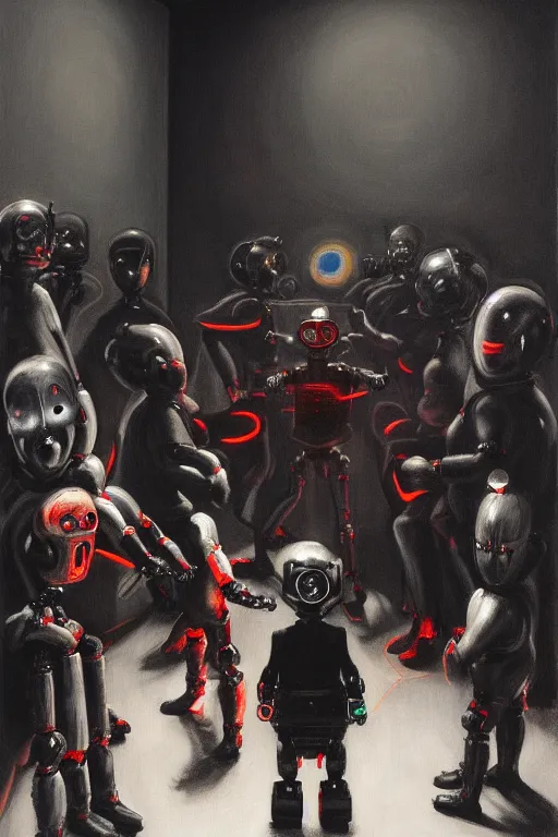 Image similar to evil human giant baby babymetal punk robot in a studio, surrounded by a crowd, glowing eyes from the side, hyper detailed, moody, photo realistic, hauntingly surreal, highly detailed painting by francis bacon, edward hopper, adrian ghenie, gerhard richter, and james jean soft light 4 k,