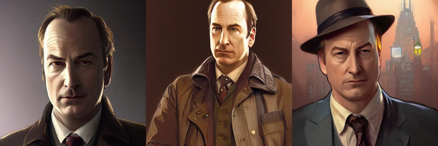 Prompt: portrait of Bob Odenkirk as a detective, highly detailed, digital painting, artstation, concept art, sharp focus, illustration, art by artgerm and greg rutkowski and alphonse mucha