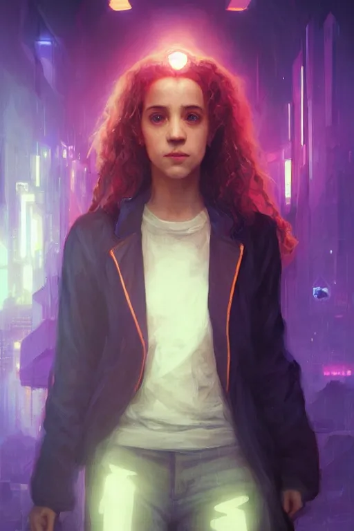 Image similar to portrait of Hermione Granger in cyberpunk, neon lighting, night city, digital art from artstation by Ruan Jia and Mandy Jurgens and Artgerm and william-adolphe bouguereau and Greg Rutkowski and Wayne Barlowe