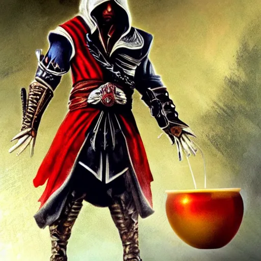 Image similar to painting of ezio auditore holding a golden apple