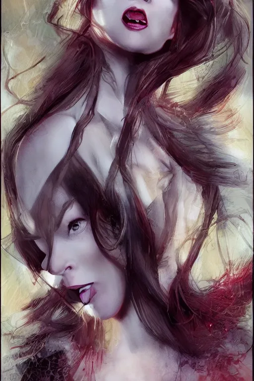 Image similar to mix of beautiful young maria shriver, mariel hemmingway, brooke shields, nicole kidman and elle macpherson as a vampire showing vampire teeth, ready to bite, thin lips, hair tied up in a pony tail, dark blonde hair, colorful, deviantart, artstation, cgsociety