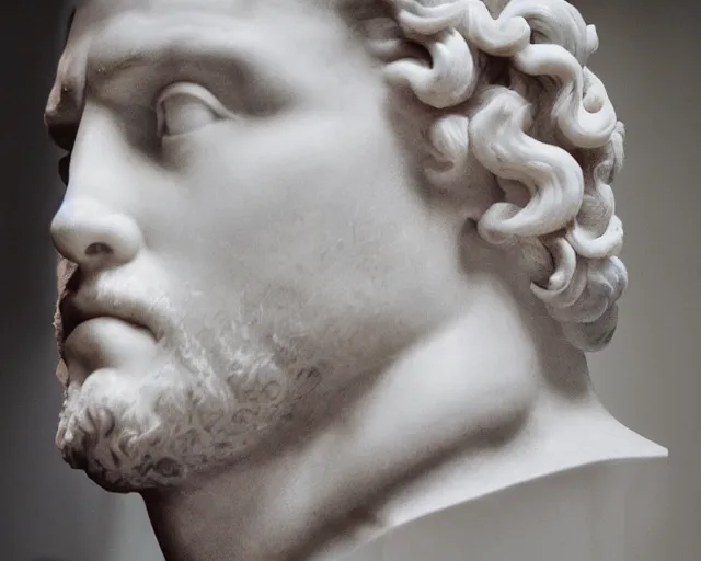 Image similar to a high quality photograph ryan reynolds as a roman marble bust. cinematic lighting.