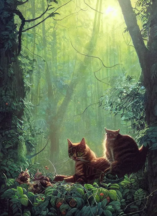 Image similar to a hyper realistic illustrated cat with happy lighting playing in the woods gorgeous lighting, sunbeams blue sky, lush forest foliage painting by chiara bautista and beksinski and norman rockwell and greg rutkowski weta studio, and lucasfilm