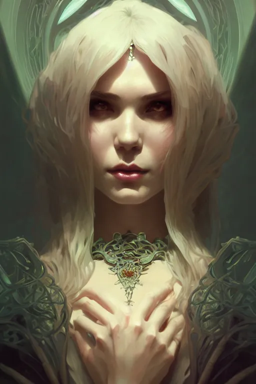 Image similar to a beautiful necromancer woman, fantasy, portrait, sharp focus, intricate, elegant, digital painting, artstation, matte, highly detailed, concept art, illustration, ambient lighting, art by ilya kuvshinov, artgerm, Alphonse mucha, and Greg Rutkowski