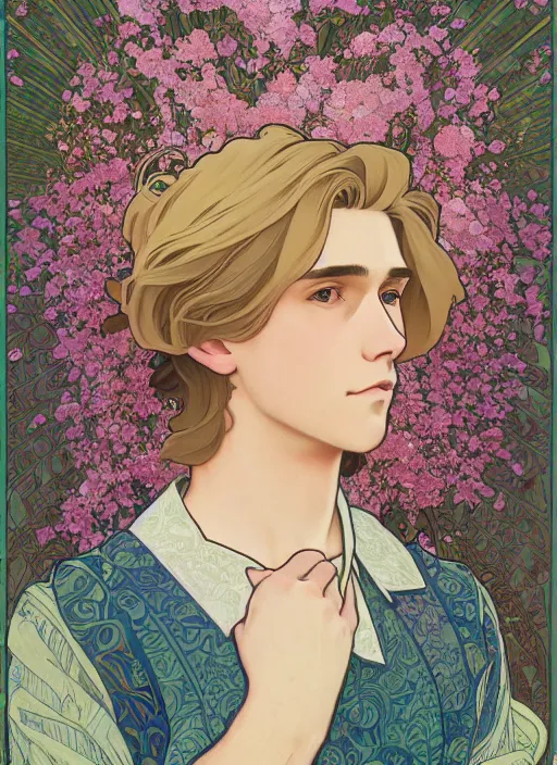 Image similar to book cover, pretty young man with shoulder length blond hair, male, half body shot, flower pattern background, path traced, highly detailed, high quality, digital painting, by studio ghibli and alphonse mucha, leesha hannigan, hidari, art nouveau, chiho aoshima, jules bastien - lepage