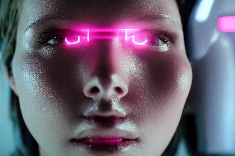 Image similar to VFX movie of a futuristic robot closeup portrait in living room, beautiful natural skin neon lighting by Emmanuel Lubezki