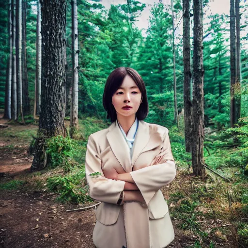 Image similar to close up portrait of an korean woman with beautiful face and modern clothes standing outside of an old cabin, forest in the background, bokeh, depth of field, dramatic lighting, cinematic, vivid colors, matte painting, vivid color scheme