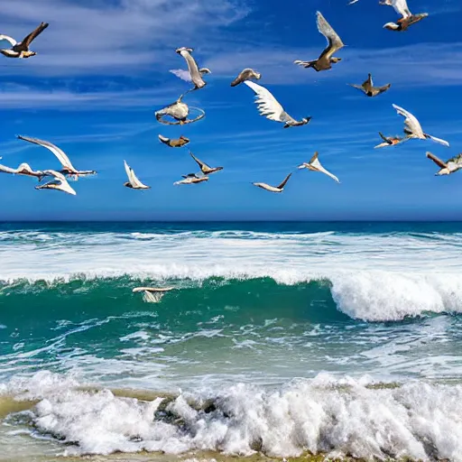 Prompt: wide angle, zoom out, captured image of a sun-dog ocean white sand, background of crashing surf (foam, rocks), backlit seagulls flying in far distance, tranquil, calming, nostalgic