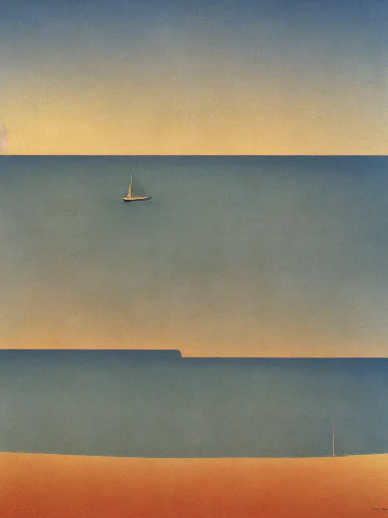 Prompt: a neo retro poster a boat near dune du Pilat, australian tonalism, pale gradients design, matte drawing, clean and simple design, outrun color palette. painted by Morandi, Agnes Pelton