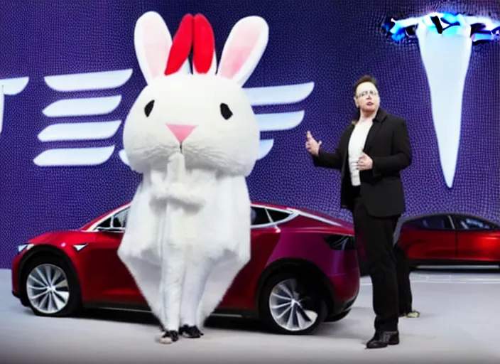 Image similar to elon musk presenting the new tesla wearing a bunny costume, award winning photo