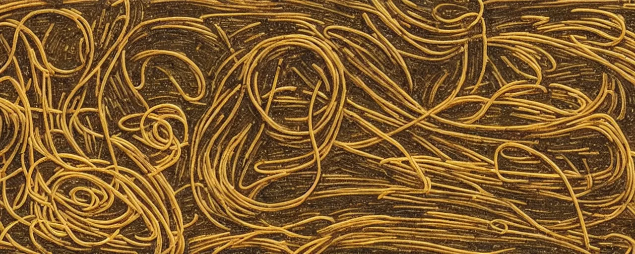 Image similar to ancient manuscripts detailing spaghetti, fine detail