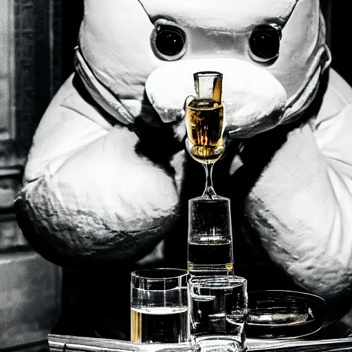 Prompt: cinematic photo of a taxidermied michelin man drinking a scotch on the rocks in a fancy old fashioned smoking room