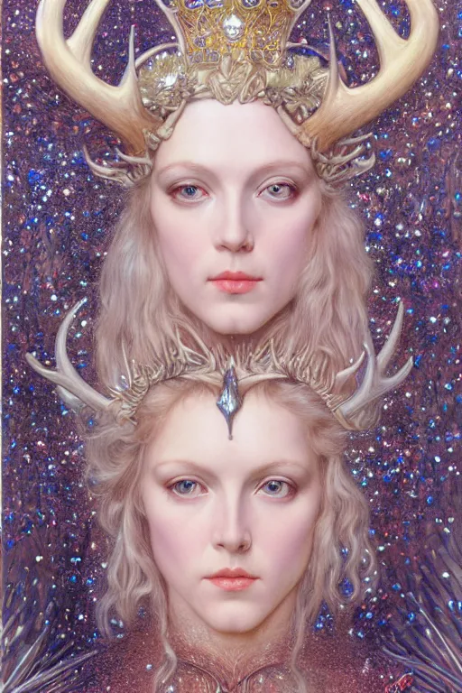 Image similar to a detailed portrait of a blonde haired blue eyed queen of glitter with an antler crown by wayne barlowe and mucha